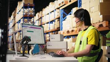 Call center male worker answer help line calls in a logistics warehouse, updating clients on orders and resolving cargo mix ups. Managing shipping software and airway bills. Camera A. video