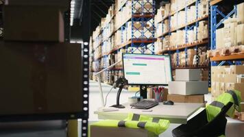Empty e-commerce warehouse depot used for shipping cargo products in boxes from online shopping local brand, ensuring fast delivery from the supply room. Fulfillment center. video