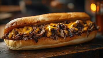 A delicious and savory steak sandwich with melted cheese. photo
