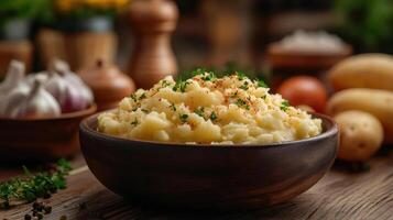 Potatoes and garlic in a bowl on a wooden table photo