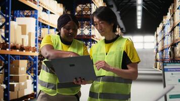 African American and Asian workers manage goods for a large brand, examining stock on laptop and streamlining order fulfillment. Professional express delivery for customers. Camera A. video