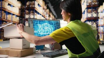 Asian staff member using artificial intelligence to scan shipping labels, registering barcodes with shipment details with AI support brain automation. E-commerce with virtual help. Camera A. video