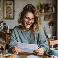 A woman with glasses and a sweater is smiling while holding a letter photo