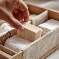 A person is holding a soap bar in a wooden box photo