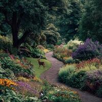 A deer is walking down a path in a garden photo