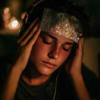 A young woman with headphones on her head photo