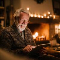 An older man with a beard and sweater is using a tablet photo