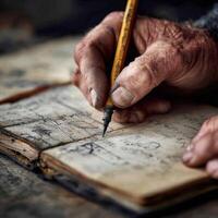 An old man writing on an old book photo