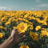 A person's hand is holding a sunflower in a field photo