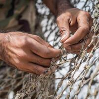A man is tying a string to a net photo