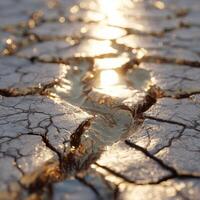 A cracked and dry desert with the sun shining through photo
