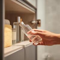 A person is holding a bottle of hand sanitizer photo