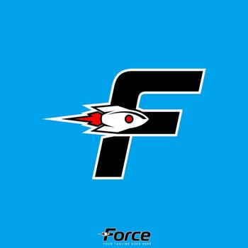 initial F font with Force booster rocket jet start up vector