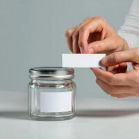 A person putting a blank card into a jar photo