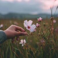 A person is holding a flower in a field photo
