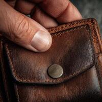 A person holding a brown leather wallet photo