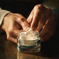 A painting of a person holding a jar of cream photo