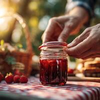 A man is putting jam into a jar on a picnic table photo