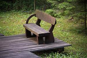 Wooden Bench on a Deck Surrounded by Green Forest Scenery photo