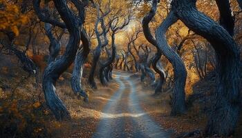 Soil road path on forest with plant and yellow leaves falling season photo