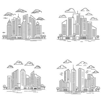 monocromo paisaje urbano ilustraciones con moderno arquitectónico diseños y natural elementos presentando nubes y arboles en un minimalista estilo vector