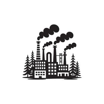 Monochromatic Factory Scene Showing Pollution Surrounded by Trees, Demonstrating Environmental Impact of Industrialization, Contributing to Climate Change vector