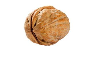 Close up shot of a textured walnut in its shell on a clean white background. Ideal for healthy eating themes, food photography, or creative mockups. Enhance your projects with this image. photo