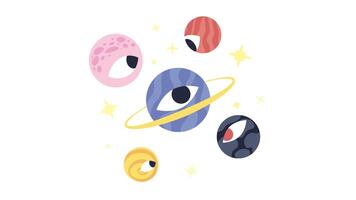 Surreal planets with eyes in cosmic fantasy 2D animation. Orbit planetary universe eyeing blinking floating in stars animated composition cartoon flat concept metaphor 4K isolated on white video