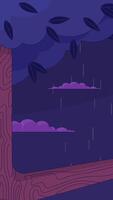 Lofi rainy tree branch against tranquil forest nightfall vertical animation background. Canopy treetrunk under rain at night. Lo fi 2D cartoon animated backdrop wallpaper 4k . Chill aesthetic video