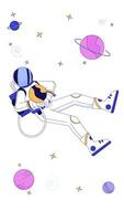 Floating astronaut in outer space among stars and planets transparent overlay animation. Cosmonaut spaceman cosmic dream. Vertical 2D cartoon animated element 4k . Decorative motion graphics video