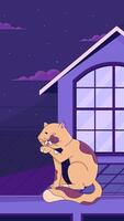 Rooftop lofi cat licking paw under starry night vertical animation. Lo fi feline pet grooming itself. Chillhop roof kitty. Calm suburbs 2D cartoon animated 4k . Chill aesthetic, live wallpaper video