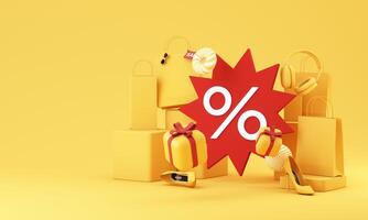 Minimal 3D composition with shopping bags, gifts, red percent symbol, and headphones representing discounts and sales. 3d rendering. photo