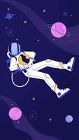Chill astronaut lofi floating weightlessly vertical animation. Dreamy cosmic spaceman among stars planets. Lo fi zero gravity 2D cartoon animated 4k . Space chillhop aesthetic, live wallpaper video