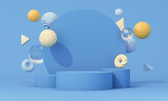 Monochrome blue podiums and abstract shapes, minimal clean style for product branding display. 3d rendering. photo