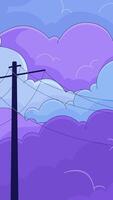Chill lofi sky with power lines and clouds vertical animation background. Skyline overcast. Purple blue cloudscape telephone wires. Lo fi aesthetic 2D cartoon animated backdrop wallpaper 4k video