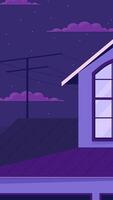 Lofi suburban rooftop midnight power lines vertical animation background. Starry night sky, glowing window. Home nighttime. Lo fi 2D cartoon animated backdrop wallpaper 4k . Chill aesthetic video