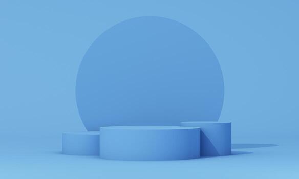 Solid blue podium with abstract spheres and shapes floating around, simple yet dynamic composition. 3d rendering. photo