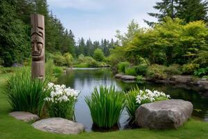 Totem pole standing near beautiful pond in lush garden photo
