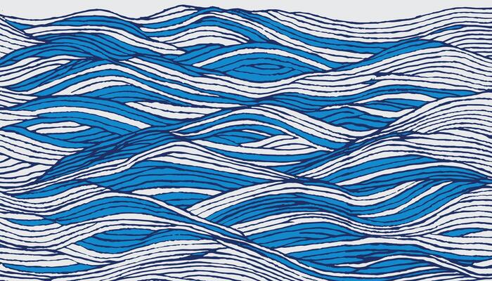 A hand drawn brush lines wave pattern inspired by the rhythmic flow of the ocean. Organic lines form a layered seascape, blending energy and calm in a striking blue and white palette.