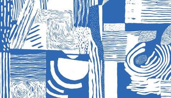 A bold and expressive pattern featuring hand drawn lines, organic shapes, and textured dots in striking cobalt blue and white. Ideal for modern textile, wallpaper, or graphic design use. vector