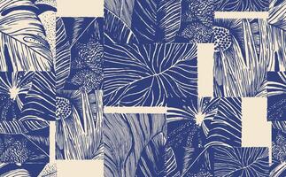 Artistic hand drawn foliage collage featuring tropical leaves seamless pattern, organic textures, and intricate linework. Bold indigo on cream evokes a vintage botanical print feel vector