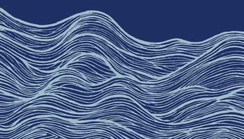 Hand drawn brush line abstract monochromatic blue of flowing wave and water pattern, Japanese and ethnic wood carving, block print imperfect texture background, calm and simple graphic vector