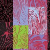 Vibrant seamless foliage pattern combining hand-drawn tropical leaves with bold pop colors. A modern collage that fuses nature with graphic energy and street style vector