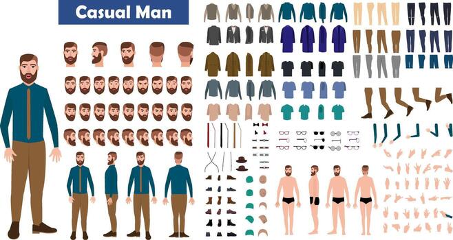 causal hombre dibujos animados hombre personaje constructor conjuntos para lleno cuerpo y cabeza aparejo diseño con trajes y emociones vector