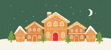 Horizontal poster with gingerbread houses, christmas trees, moon, snow. Design for banner, invitation, card. vector