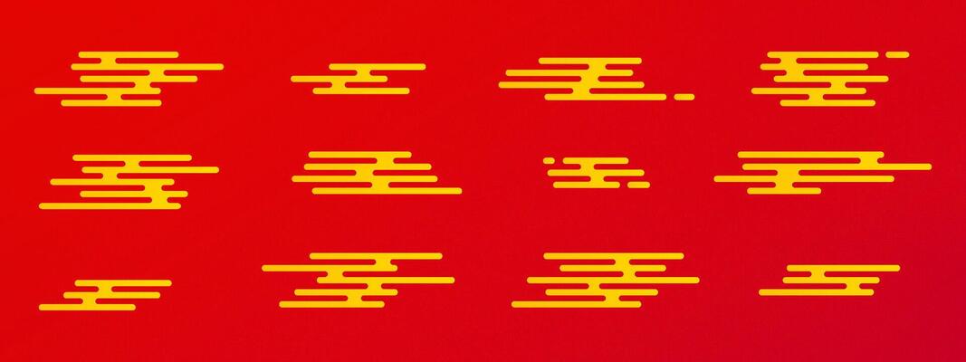 Japanese pattern with yellow clouds on a red background. Chinese style or Asian themed figures. Abstract backdrop or simple flat decor for wallpaper. illustration with a brush or ethnic elements.