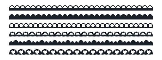 Lace border with scallop edge and pattern trim for frame or crochet embroidery. Black design on white background. Seamless traditional divider. vector