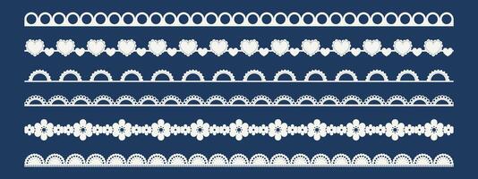 Lace border with scallop edge and trim pattern for frame or crochet embroidery. White line design on blue background. Vintage decoration. vector