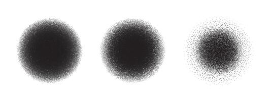 Three circular dot shapes with grainy spray texture and gradient noise. abstract pattern in black and white for design, background, or grunge illustration. vector