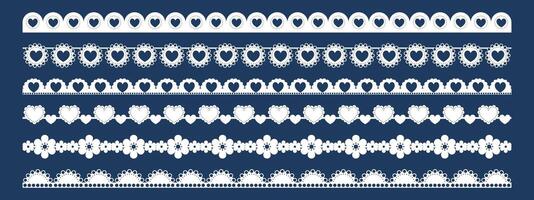 Scallop lace border with edge trim pattern for frame and crochet embroidery. White ornament on dark blue. Classic decorative style. vector